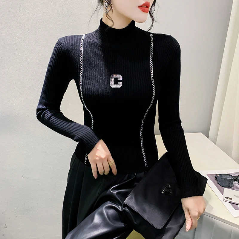 2023 New Fall Winter European Clothes Knitted Sweater Chic Sexy Women's Shiny Beading Letter Chain Long Sleeve Hot Tops 39353