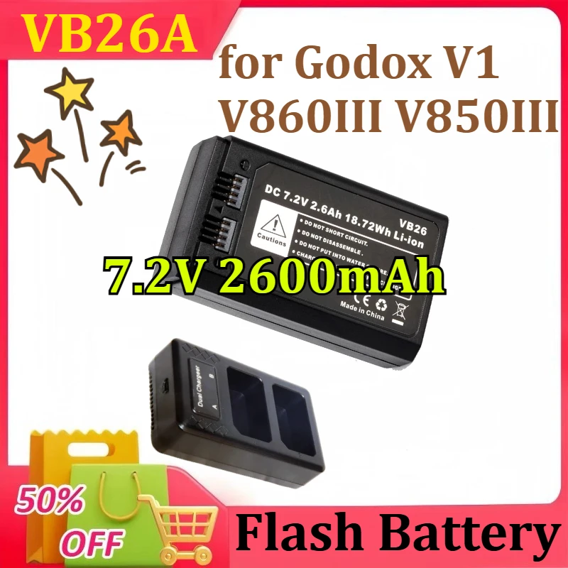 

Replacement Flash Battery VB26A 18.72Wh for Godox V1 V860III V850III High Qualty Battery with Charger Dedicated 7.2V 2600mAh
