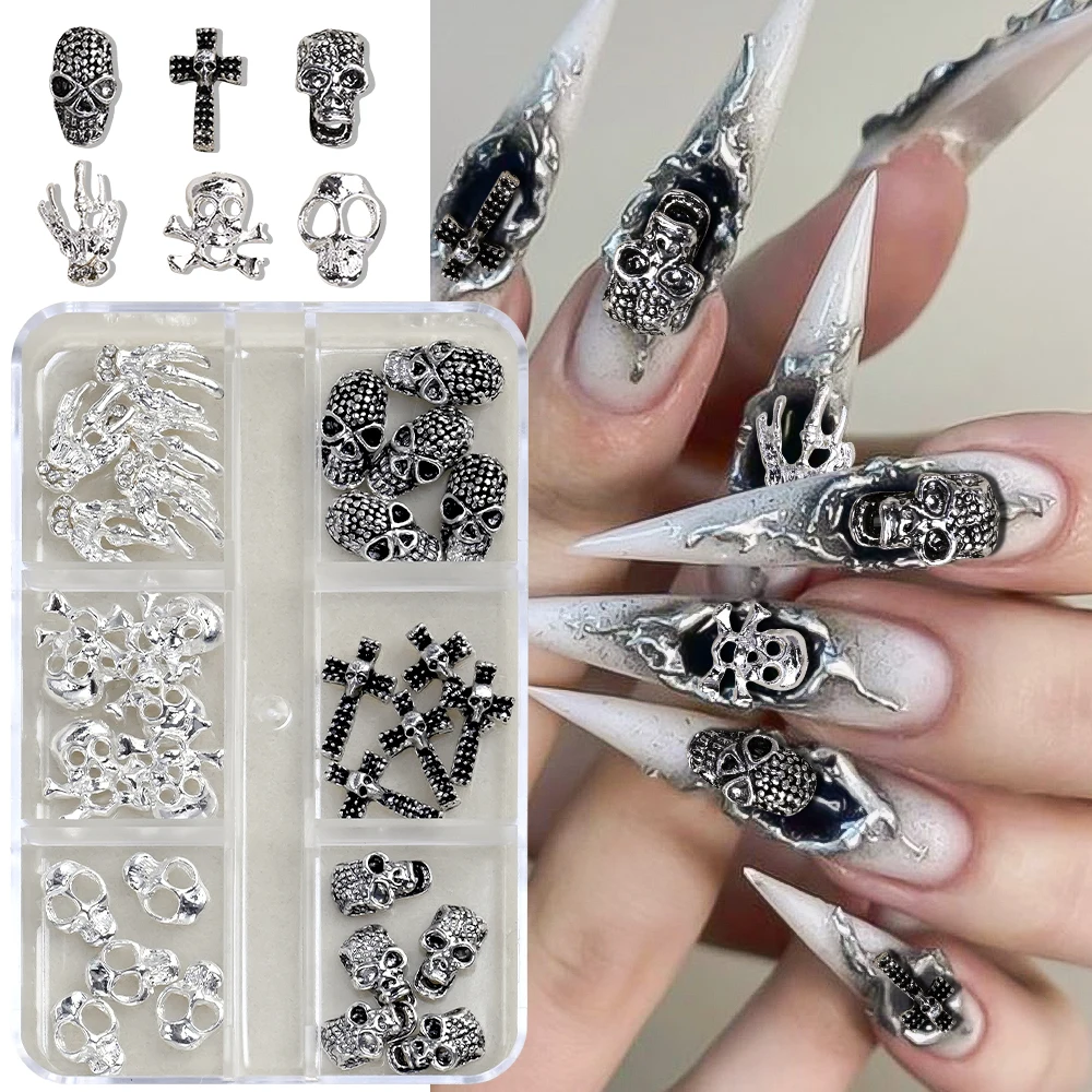 Mélange de breloques pour ongles d'halloween, 30 pièces, argent/pistolet noir, crâne gothique 3D, croix en métal strass rétro, squelette 3D, décoration d'ongles à main