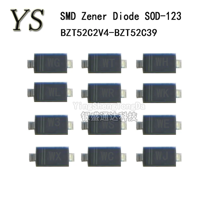 100PCS BZT52C5V1 SOD-123 SMD Zener Diode BZT52C 2V4 2V7 3V3 4V7 5V1 6V2 7V5 8V2  10V 12V 15V 18V 20V 22V 24V 27V 30V 33V 39V 43V