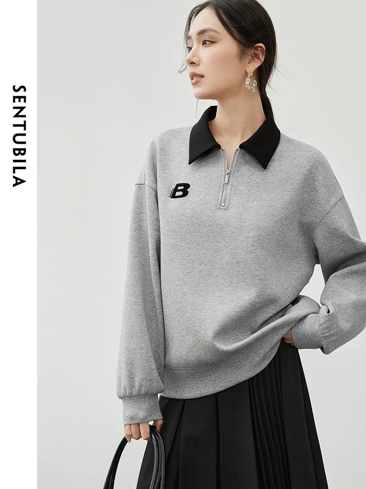 SENTUBILA Women Letter Embroidery Cotton Sweatshirt  2024 Autumn Spliced Turn Down Collar Long Sleeve  Pullovers 143A56214