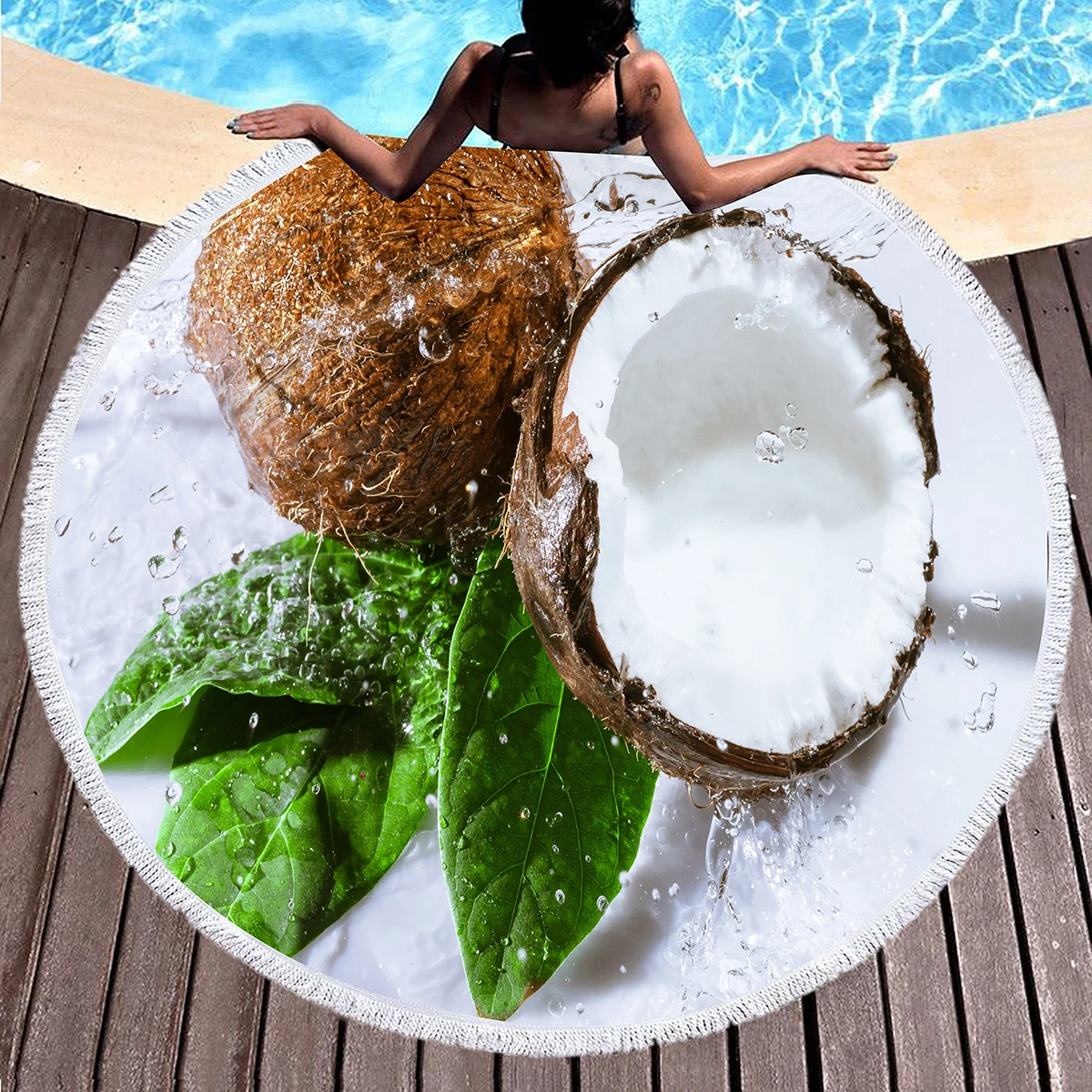 Hawaii Tropical Fruit Coconut Round Beach Towel with Tassels, Microfiber Quick Dry Absorbent Pool Towel Sand Free Beach Blanket