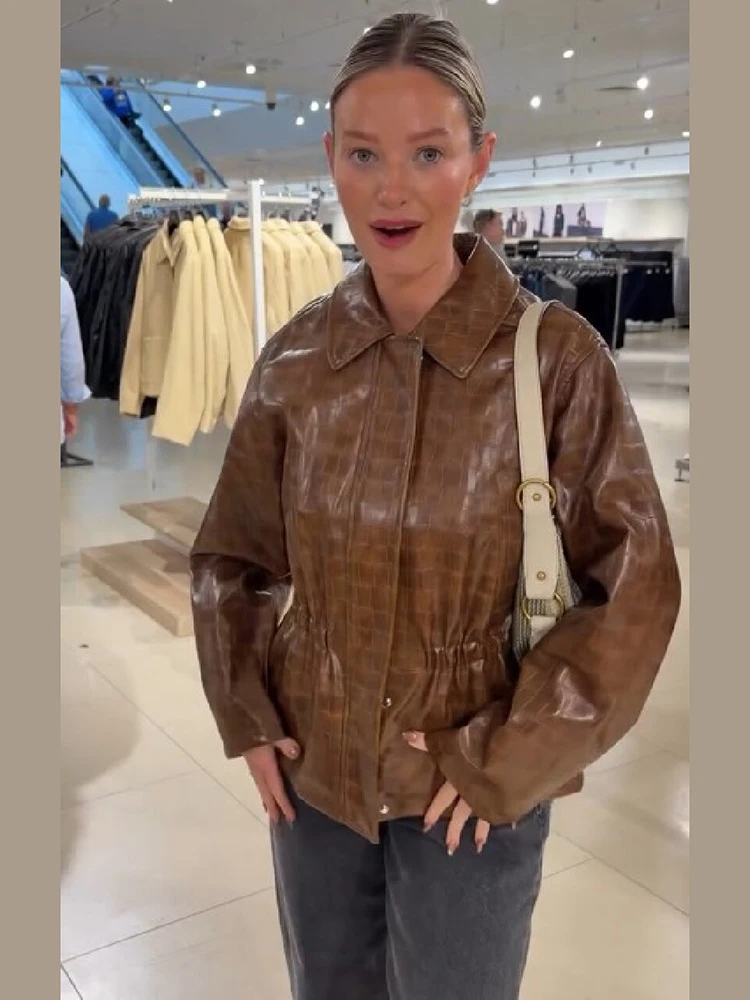 Women Brown Faux Leather Jacket Lapel Collar Zip And Button Front Waist Drawstring Long Sleeve Coat Chic Fall Daily Holiday Wear