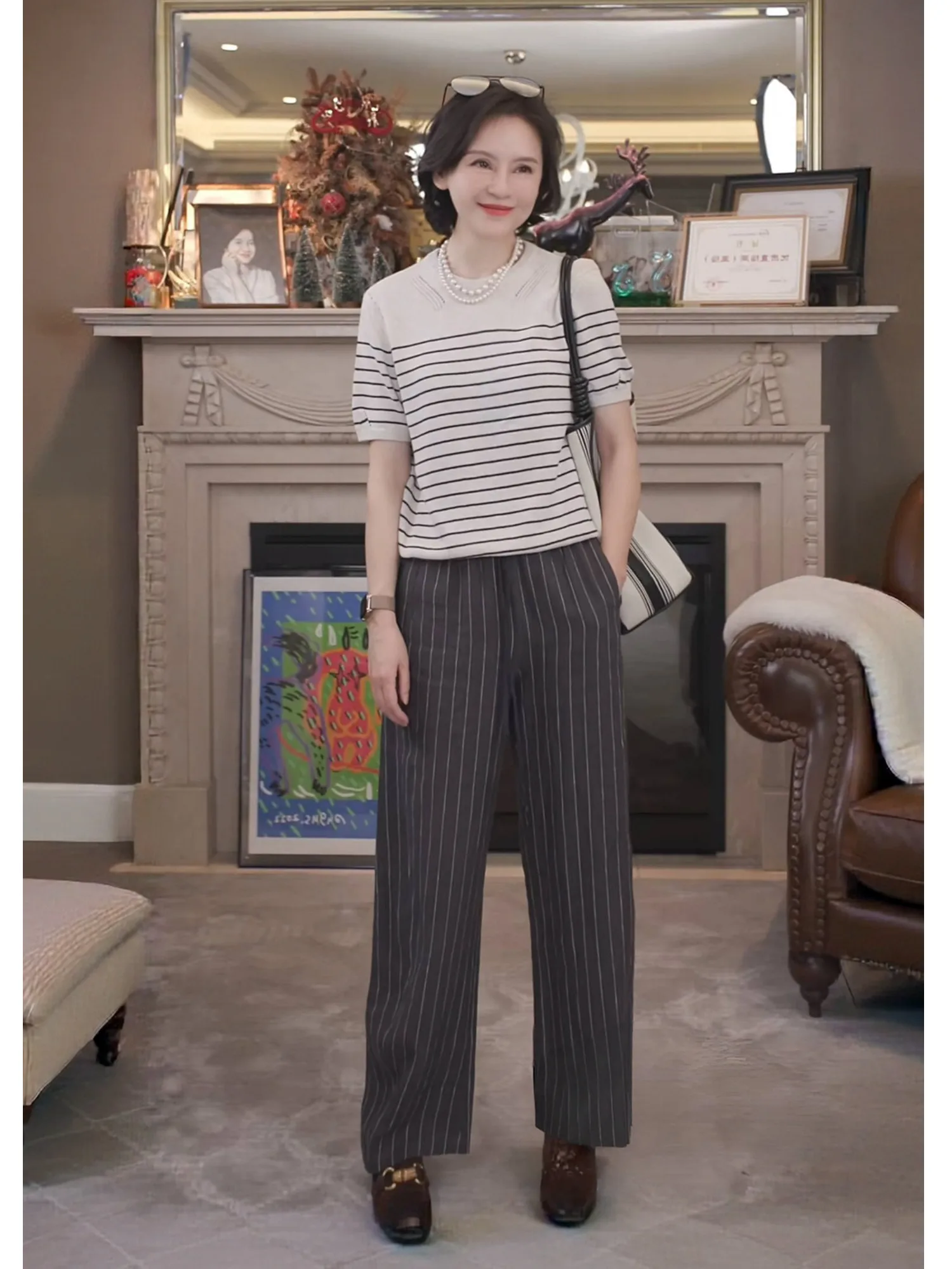 カジュアルストライプパンツルーズフィーリングリネンウエスト弾性ロープカジュアルナイフエッジパンツ女性中年春シーズンRuienCo