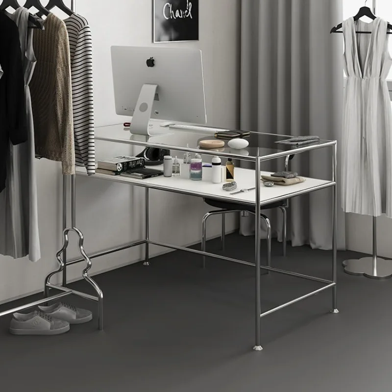

Household long office work glass desk extremely simple stainless steel computer display clothing store