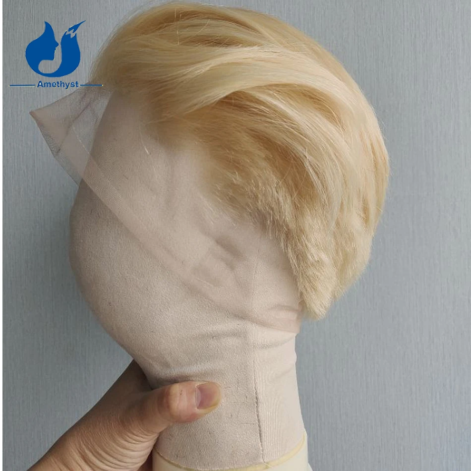 Amethyst Straight Full Lace Wig 613 Blonde Brazilian Remy Hair Pre-Plucked Short Bob Pixie Cut Shaved Boy Style for Men