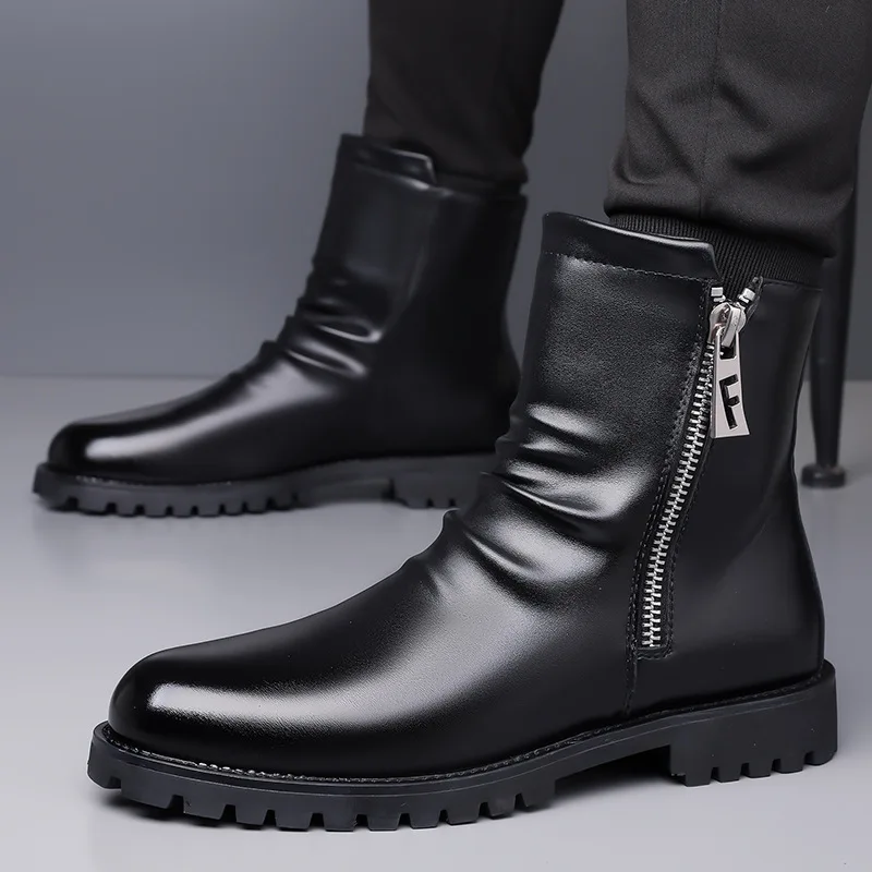 mens fashion party nightclub motorcycle boots black genuine leather shoes trend handsome cowboy boot young gentleman short botas