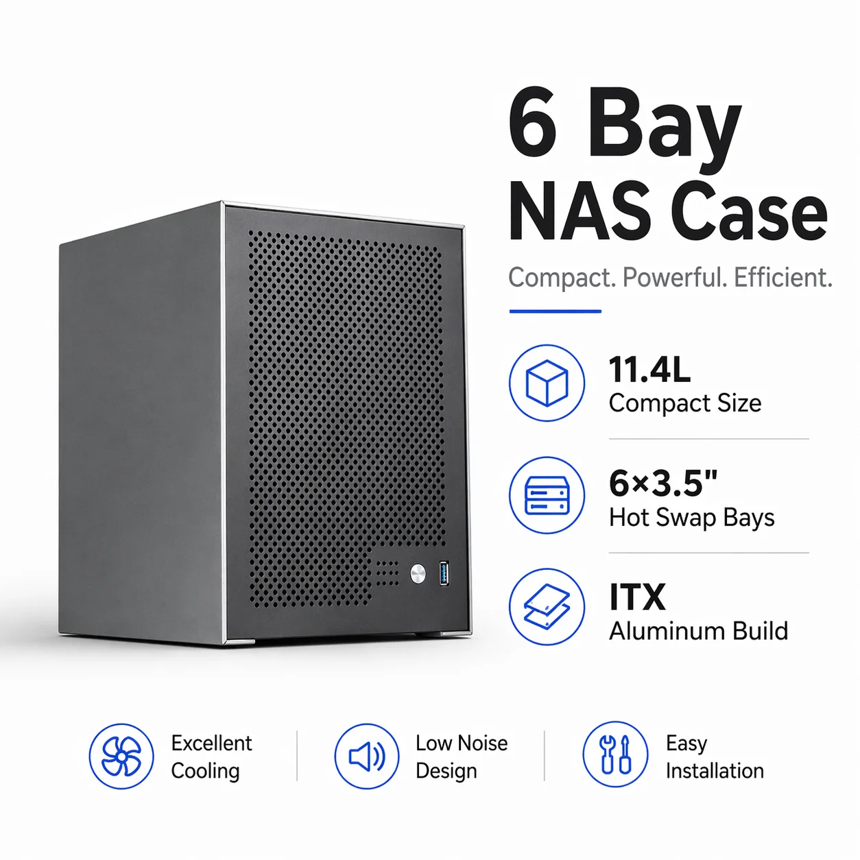6 Bay ITX NAS Case Aluminum Mini Server Chassis Hot Swap 3.5 HDD Support 2.5 SSD Half Height PCIe