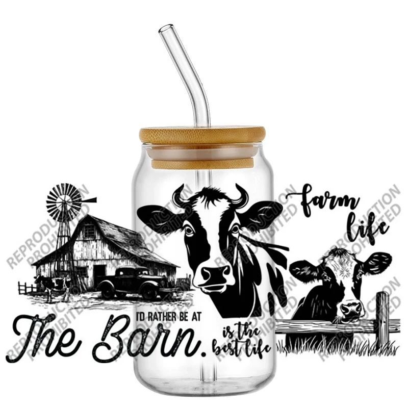 

High Quality Farm Life Best Life Design UV DTF Cup Wrap for 16oz Libbey Glasses DIY Black and White Style Mug Transfer Sticker