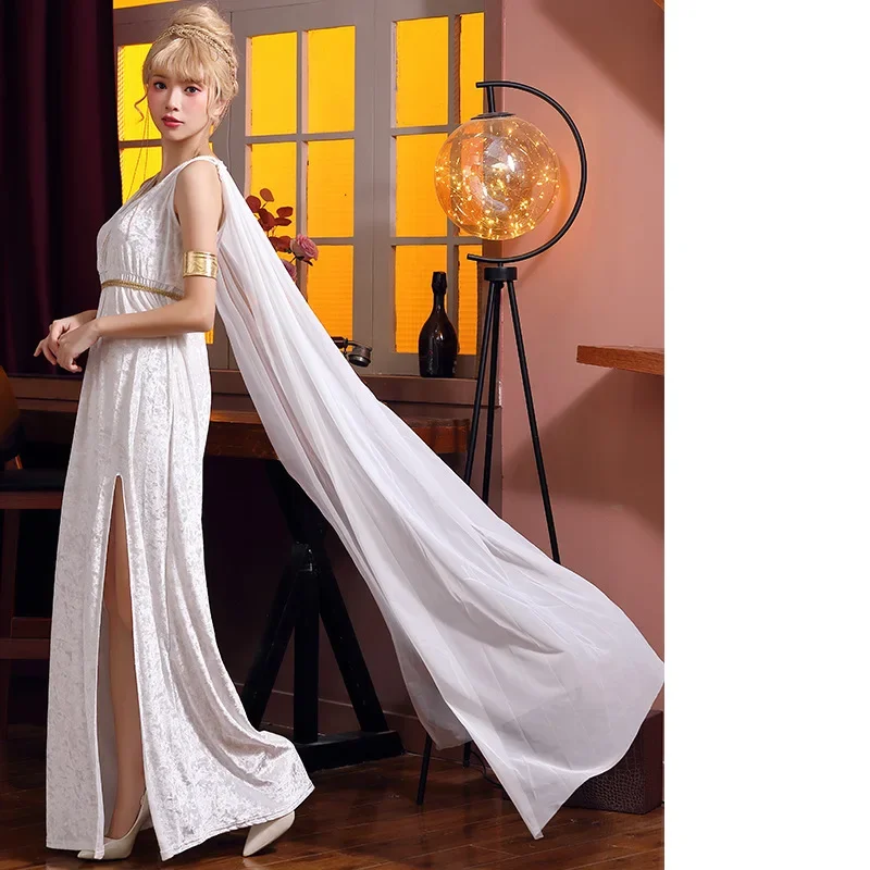 White Velvet Deep V Split Dress Greek Goddess Cosplay Costume Goddess Elegant Irregular Dress Costumes Party