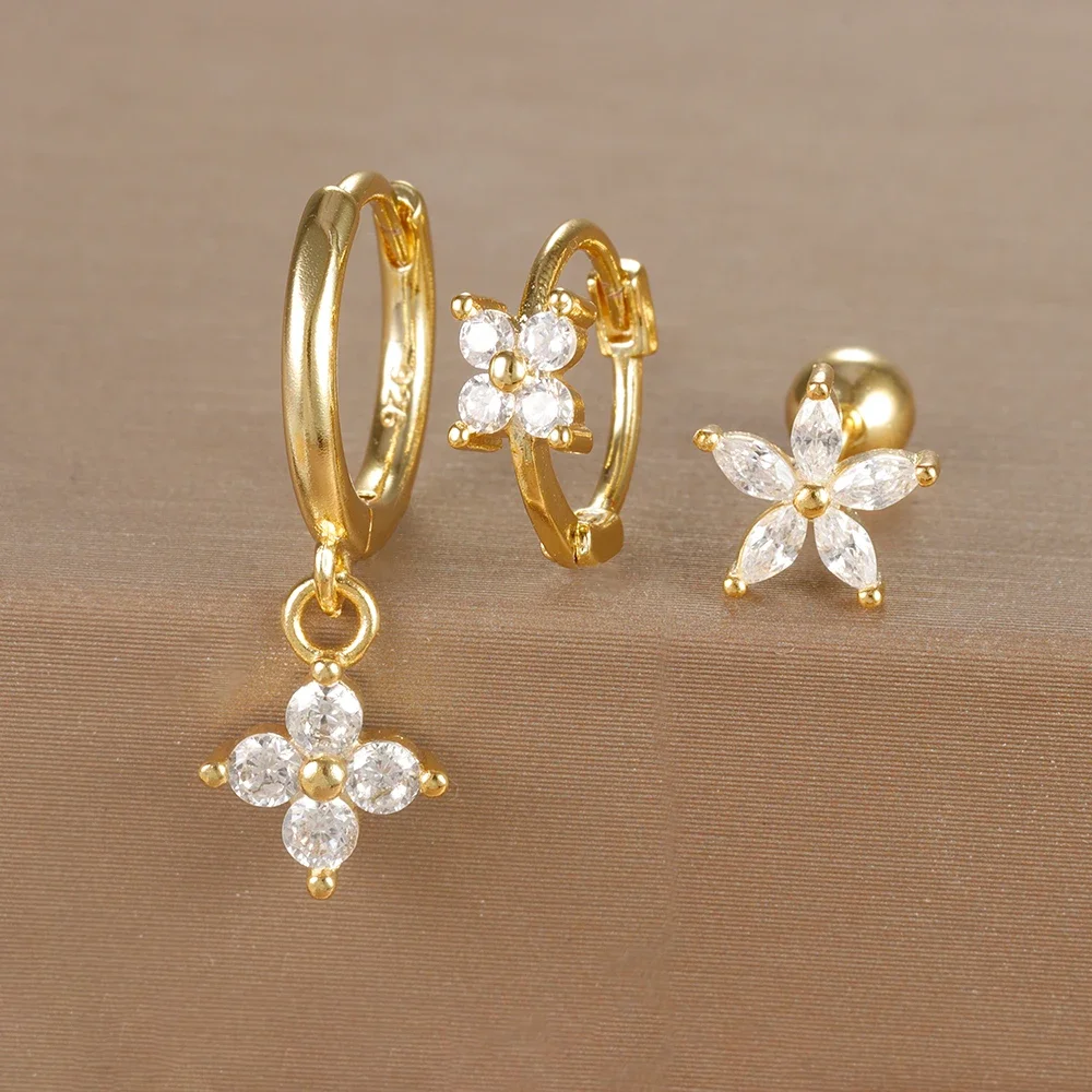 3PCS Stainless Steel Flower Cubic Zirconia Hoop Earrings Set For Women Gold Color Piercing Earring Vintage Waterproof Jewelry