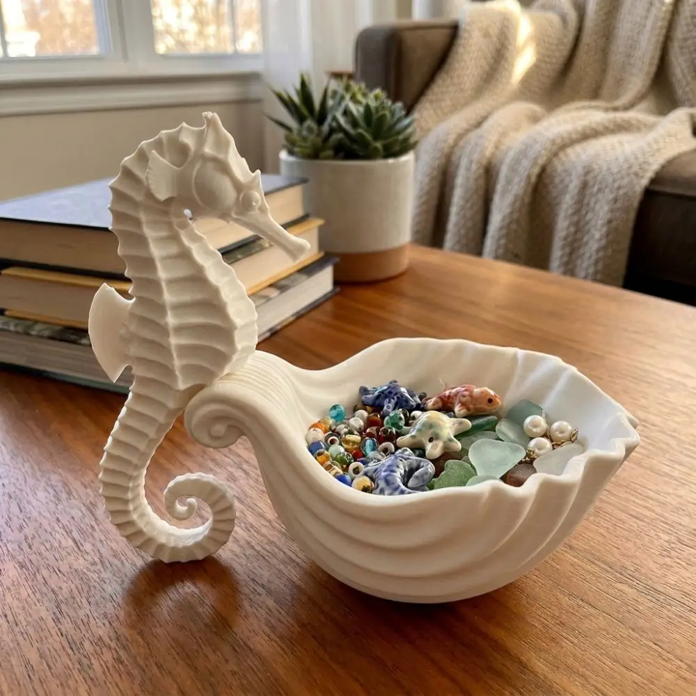 Modern 3D Printed Seahorse-Shaped Storage Tray Cute Decorative Cosmetics Rack Plastic Stable Rings Holder Living Room Decor