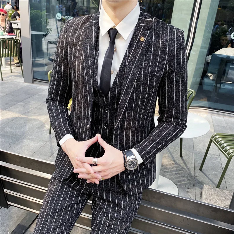 Wedding Dress For Men Suits Slim Fit Plaid Suits New Man Jackets+Pants+Vest 3 pieces High Quality Men Smart Casual Suits Blazer