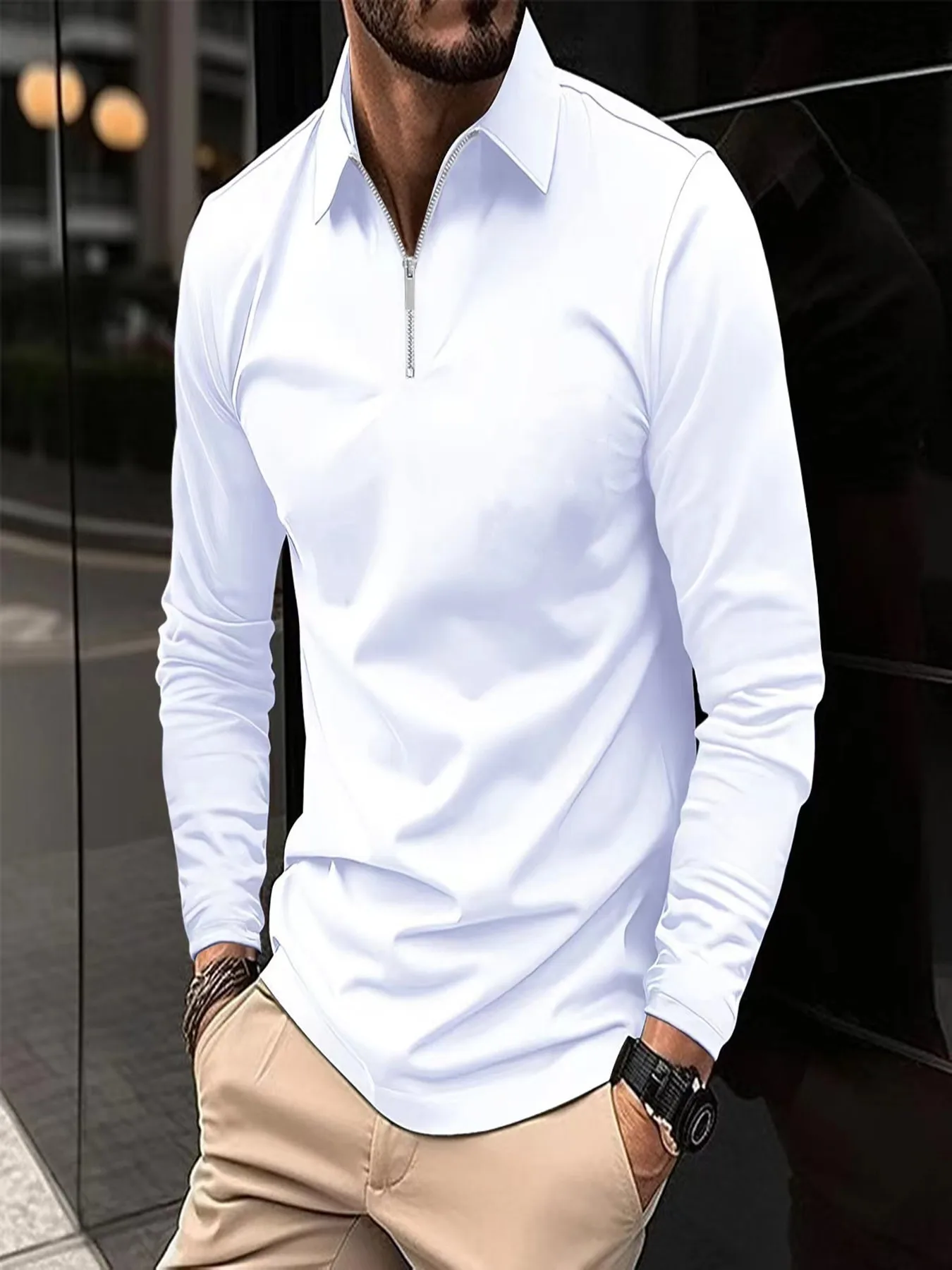 

Autumn men's fashion sports polo shirt zipper breathable polyester lapel solid color poro shirt