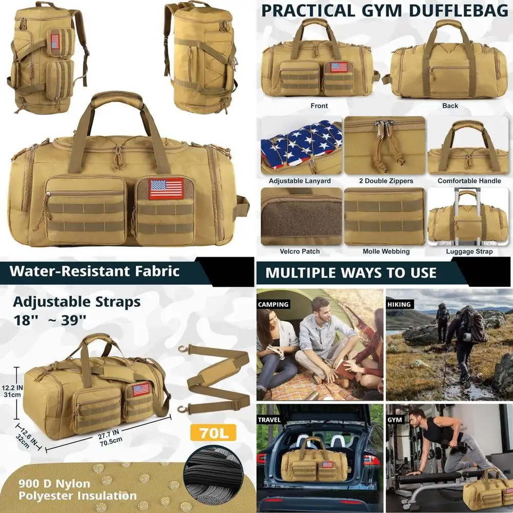 

70L Large 3-in-1 Sports Duffle Bag for Men with Shoe Compartment, Water-Resistant Weekender Bag for Travel and Overnight Trips