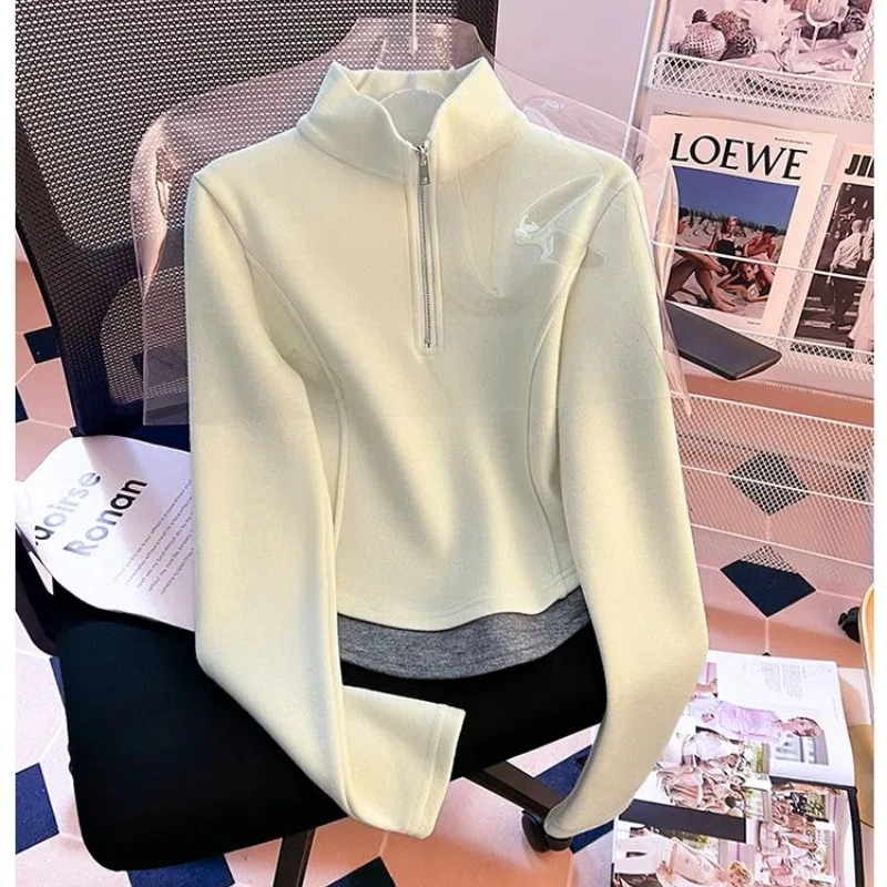 Thickened German Velvet Stand Collar Half Zipper Long Sleeved Base Shirt Women Autumn Winter Short Hoodie Fake Two-piece Top