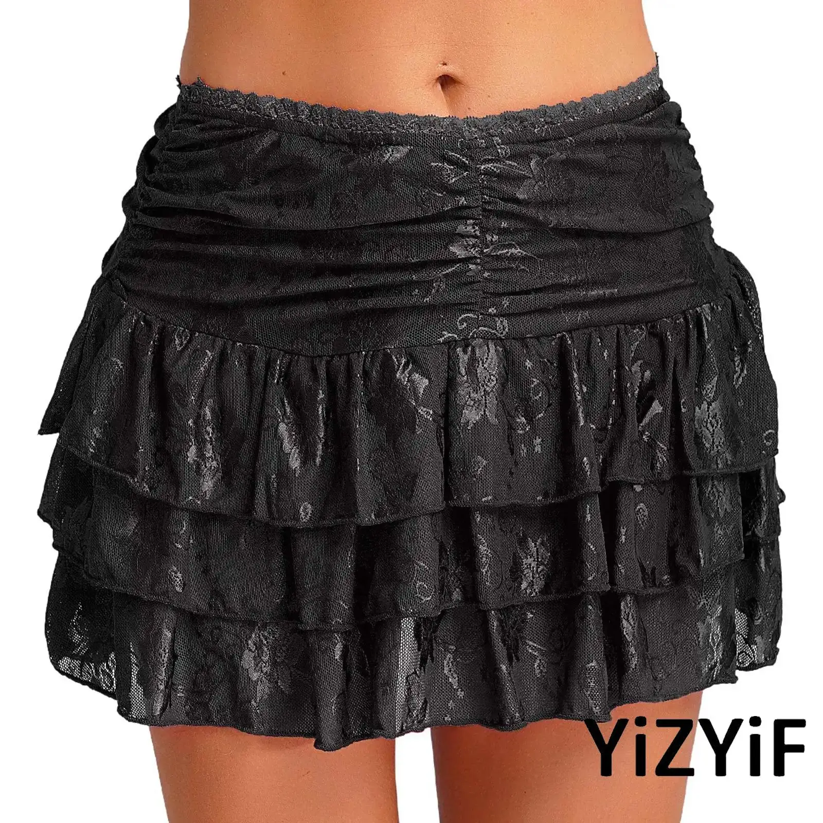 

Women Floral Three-layers Tiered Lace Skirt Sweet Lace Skirt Low Waist Short Skirt Summer Skirt for Vacation Beach Party Club