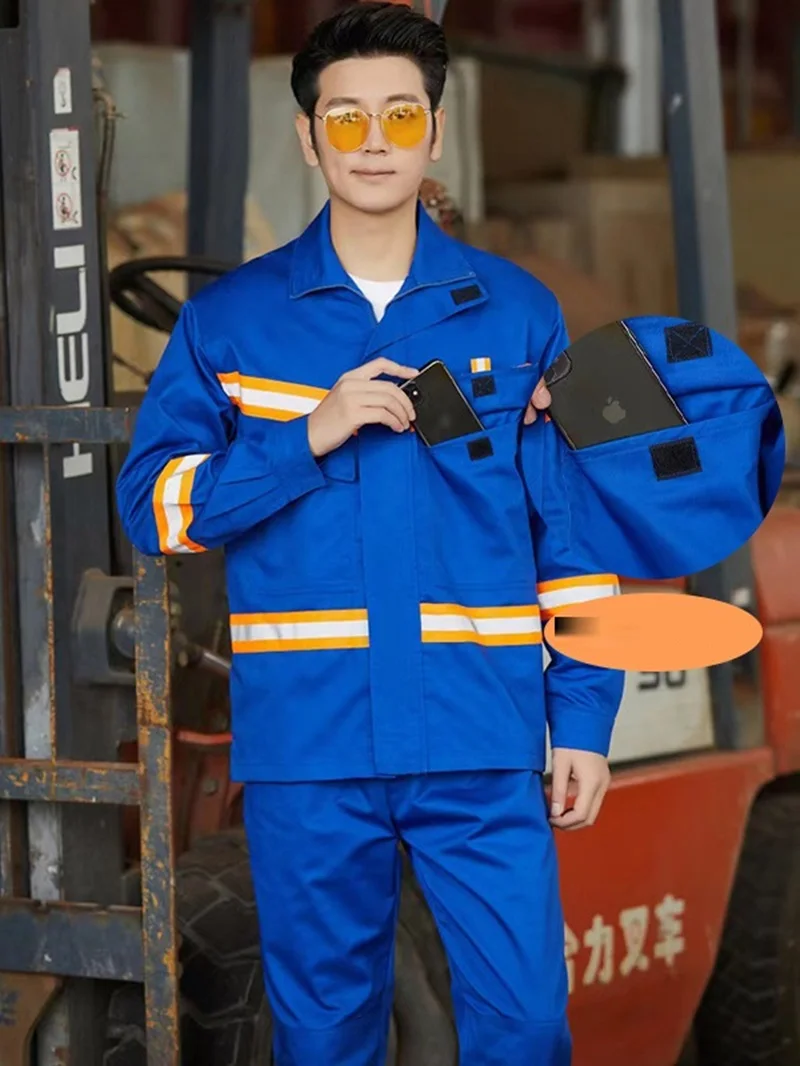 Men Work Clothing Hi Vis Reflective Stripe Safety Work Coveralls Mechanical Workshop Repairman Road Sanitation Worker Uniforms