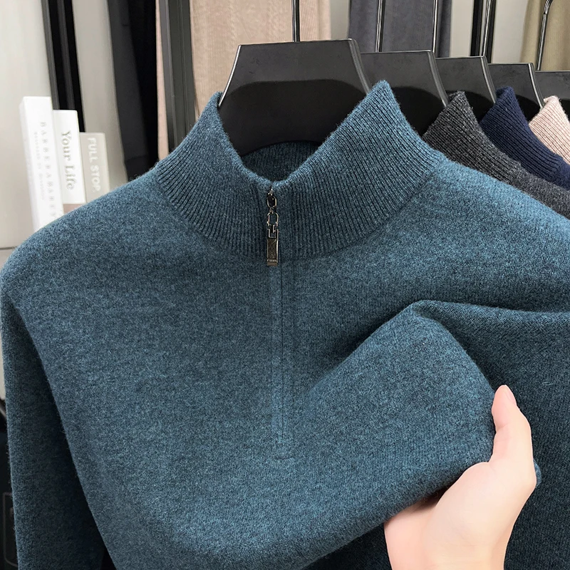 High-End Luxury Man Long Sleeves Knitwear 100%wool Half-Zip Mock Neck Solid Color Korean-Style Youth Vitality Pullover Men'swear