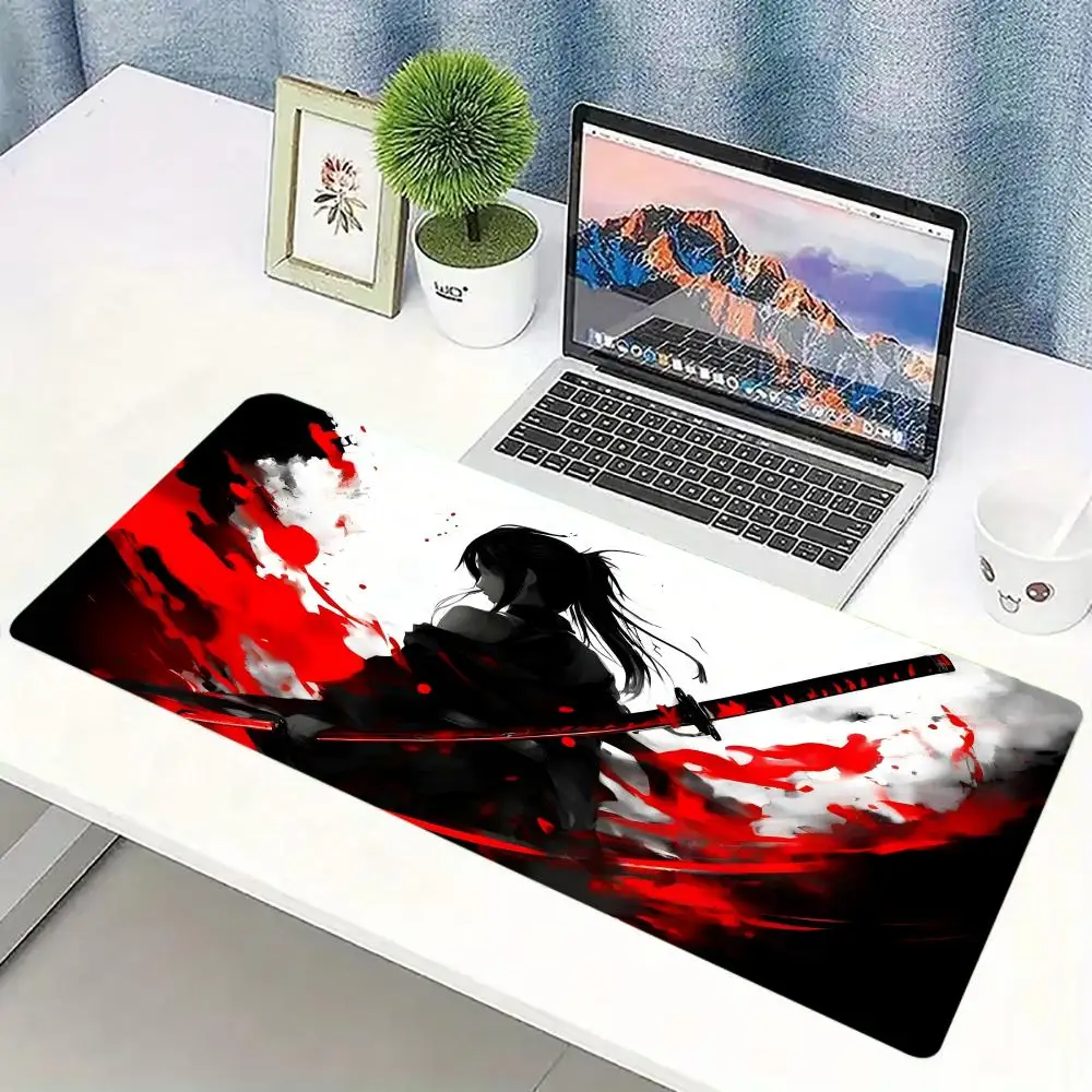 Samurai Warrior Red Ink Print Large Gaming Mousepad Non-slip Rubber Base Stitched Edge Office Keyboard Workstation Canvas