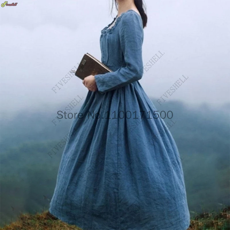 Women Medieval Victorian Retro Dress Square Collar Long Sleeves High Waist French Apparel Brown Blue Temperament Long Dress