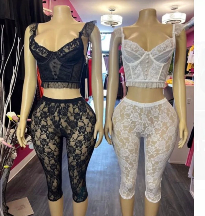

Стильный женский сексуальный кружевной комплект из 2 предметов, женский укороченный топ на бретелях и брюки длиной до колена, комплекты 2025, летние черно-белые наряды на пуговицах