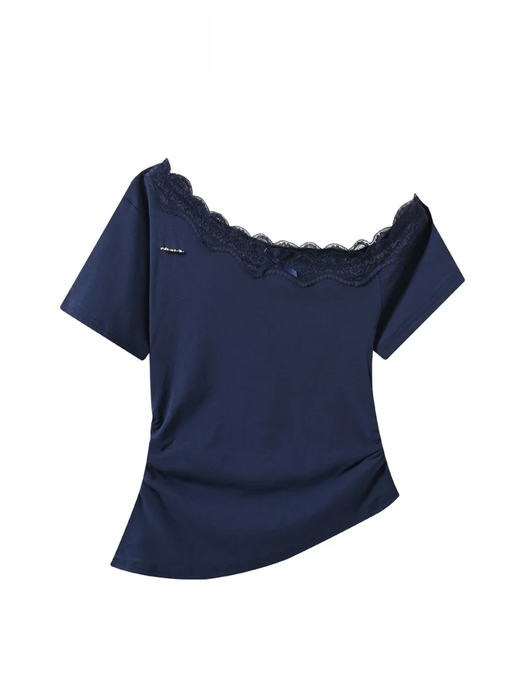 

Loose Casual Lace Splice Short Sleeve T-Shirt Women's plus Size Summer New Style Cara CLUB Comfortable Anti-aging Top