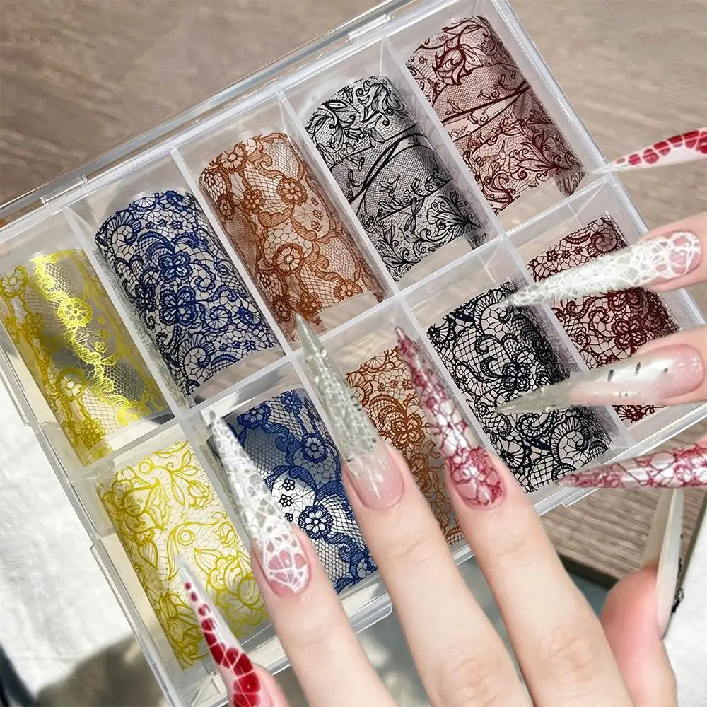 10 Rollen Vintage Spitzen-Nagelkunst-Transferpapier Schwarz Weiß Rot Französische Spitzen Blumen-Nagelaufkleber für Hochzeit Braut Maniküre Slider