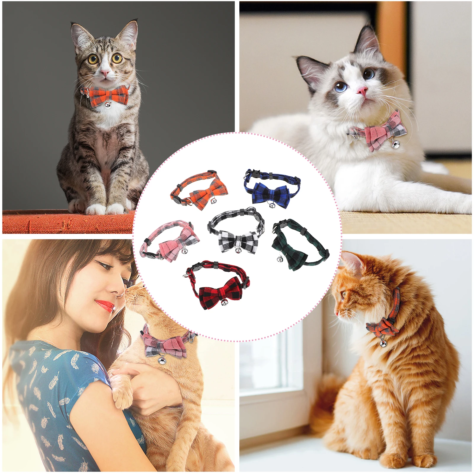 

6pcs Adjustable Polyester Cat Collars Kitten Necklaces with Bow Tie Bells Comfortable DogCat Accessories Pet Supplies