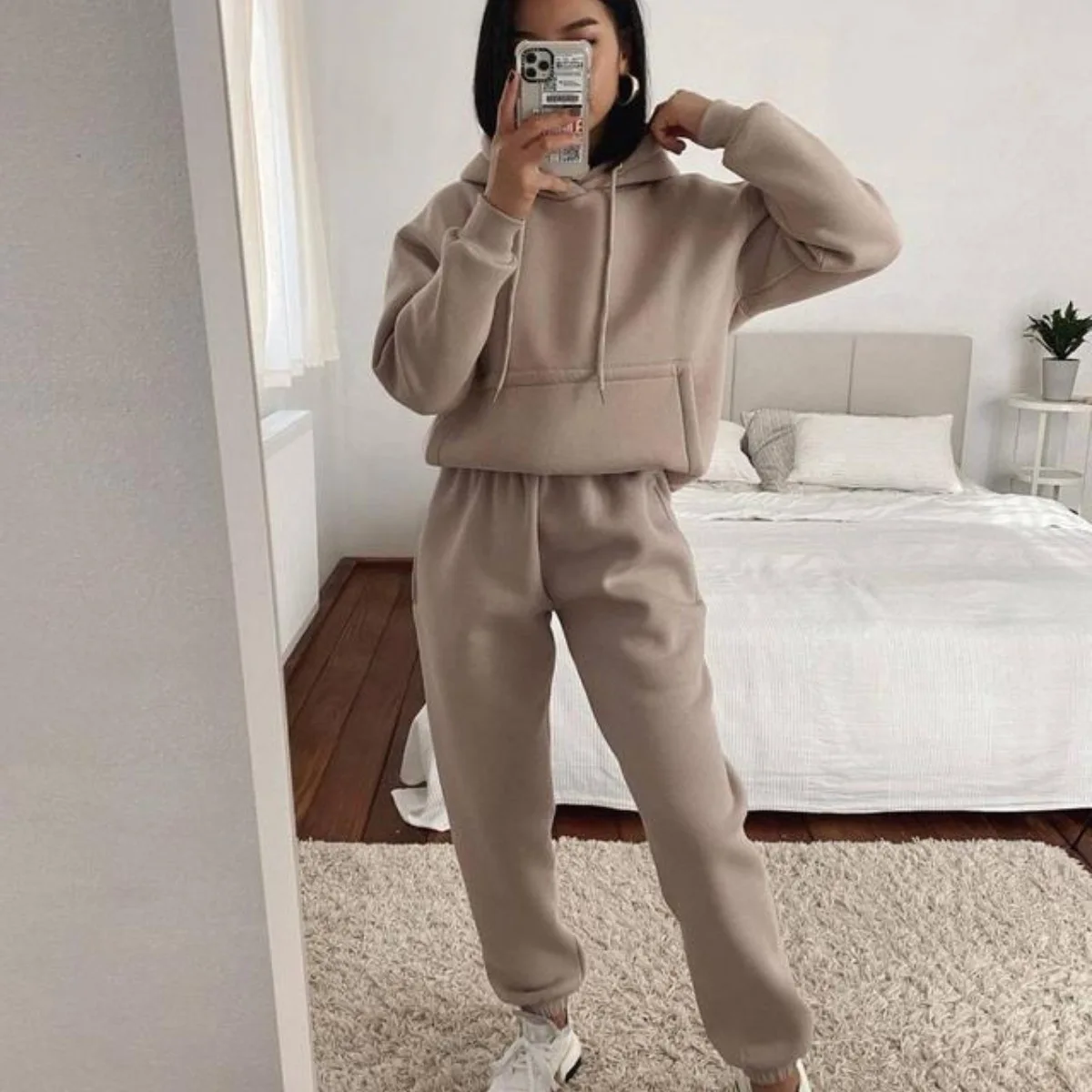 2025 Spring Autumn Womens 2 Piece Outfit Set Lady\'s Solid Color Pocket Sweatshirt + Sport Pants Trousers Women\'s Tracksuit