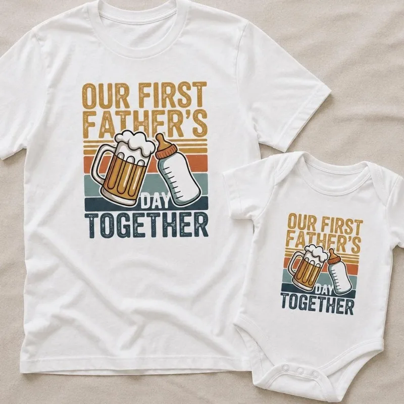 Father's Day Outfits Dad T-shirt Baby Romper Retro Sunset Beer Milk Bottle Print Family Clothes New Daddy Father Day Gift