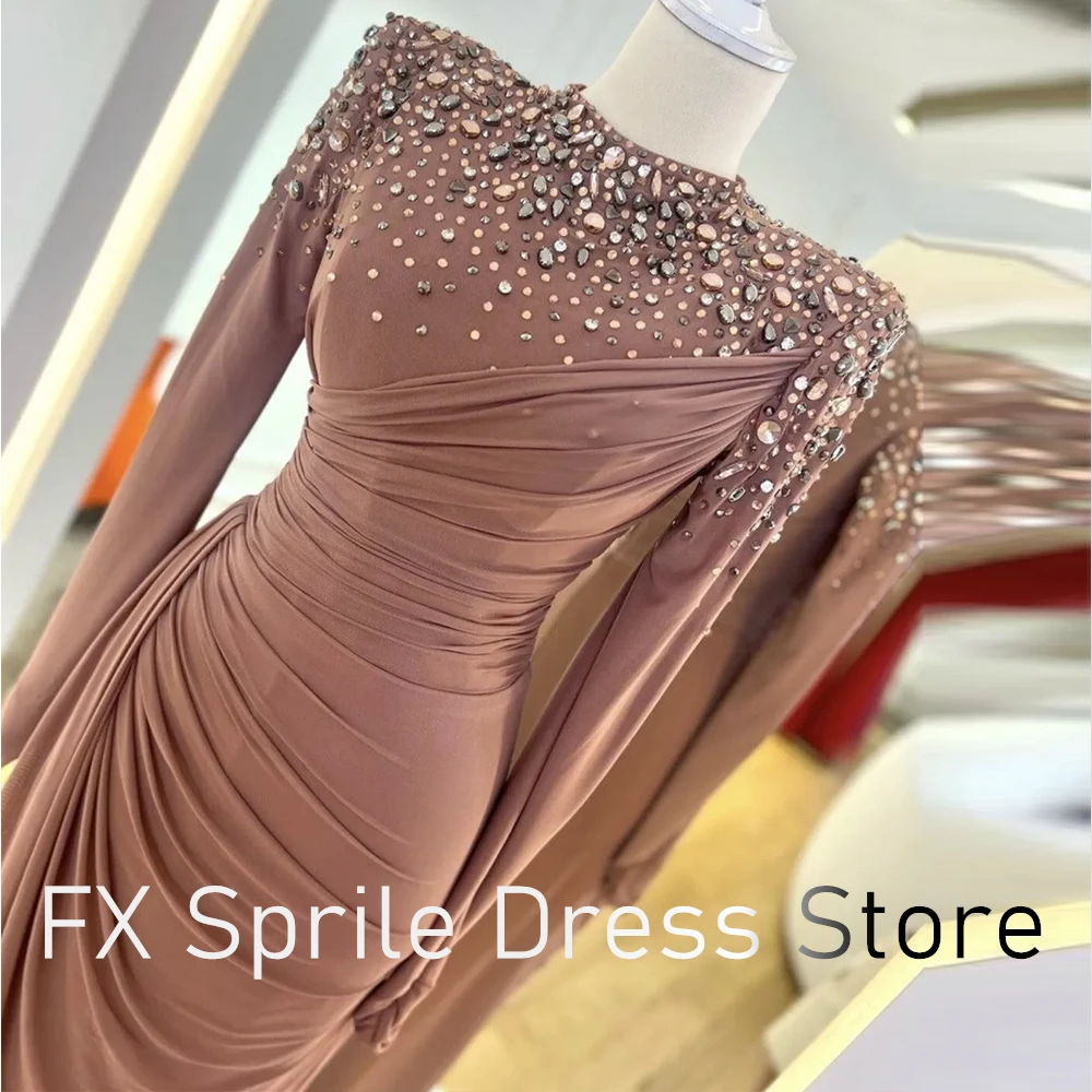 Crystal Sequined Exquisite O-neck Pleats Evening Dress Jersey Long Sleeves Bespoke Occasion Gowns luxury Floor Length Straight
