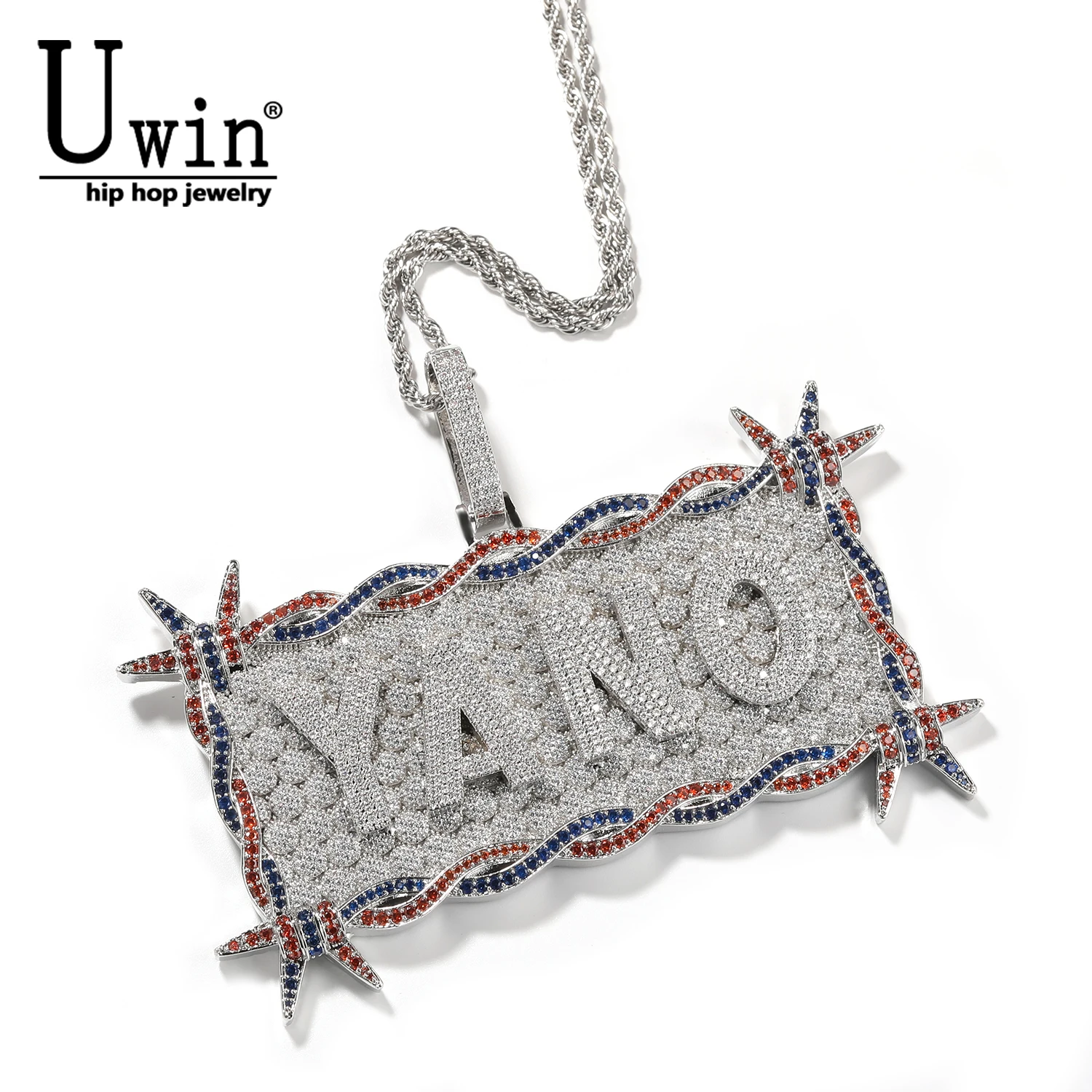 

Uwin Custom Name Initial Letters Rectangle Shape Big Pendant Paved Cubic Zircon Medallion Engrave Name Punk Hiphop Jewelry