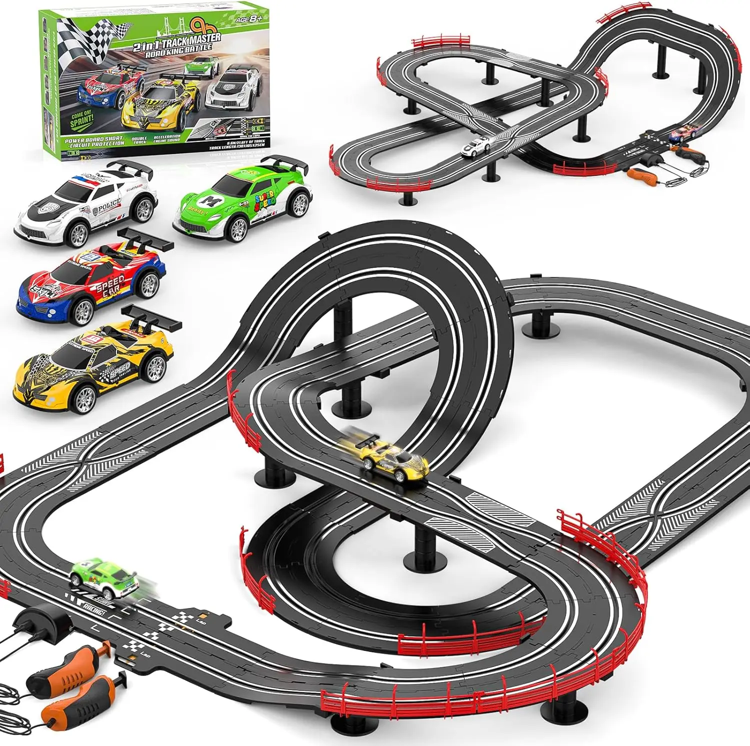 

2 in 1 Slot Car Race Track Sets with 4 Slot Cars, 1:43 Electric Car Track for Boys, Dual Racing Game Lap Counter Circular Slope