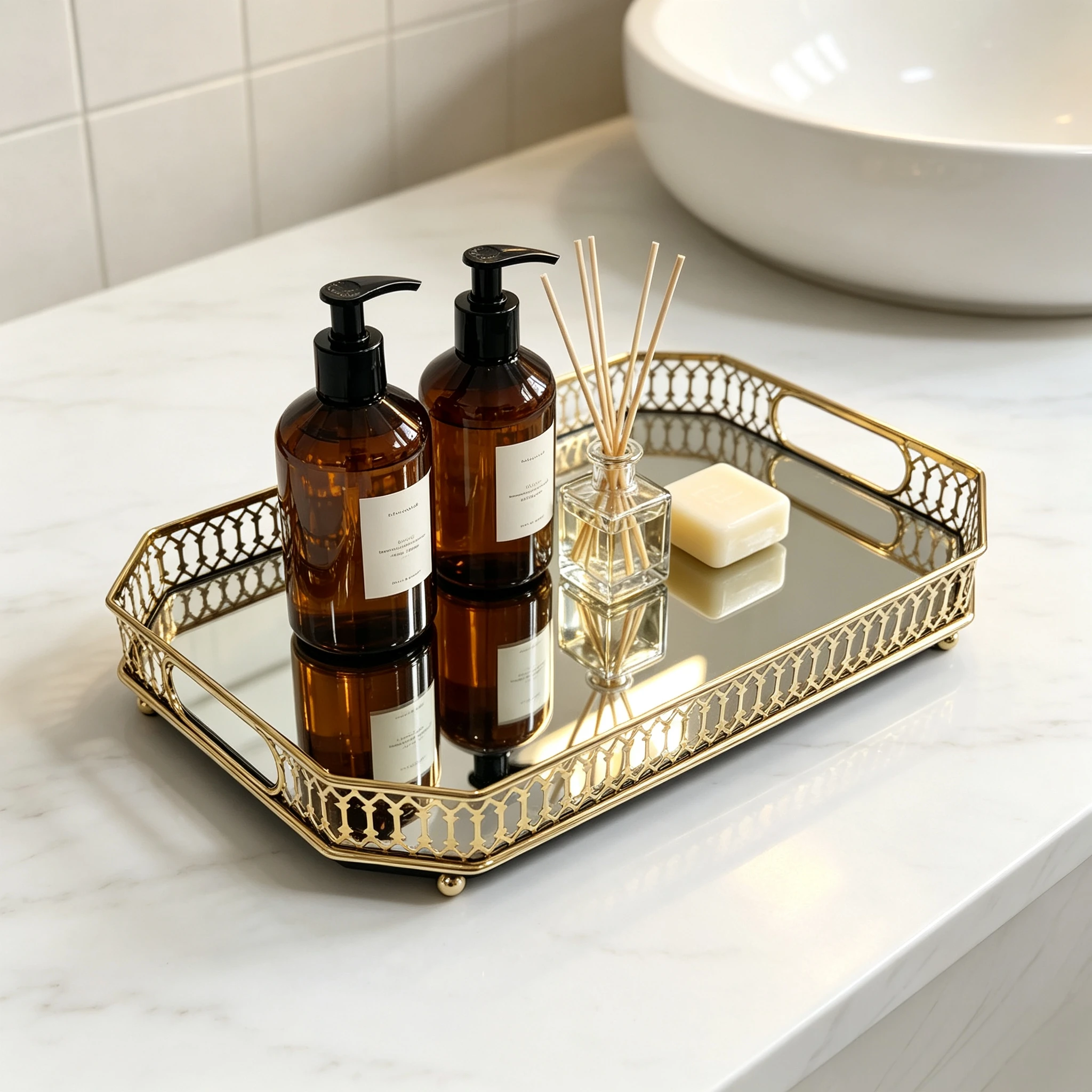 Gold Lace Hollow Octagonal Mirror Tray, Metal Decorative Tray with Handles, Multi-scene Mirror Vanity Organizer Tray for Jewelry Perfume Skincare, Tabletop Decor for Bedroom Living Room Bar Guestroom Holiday Events