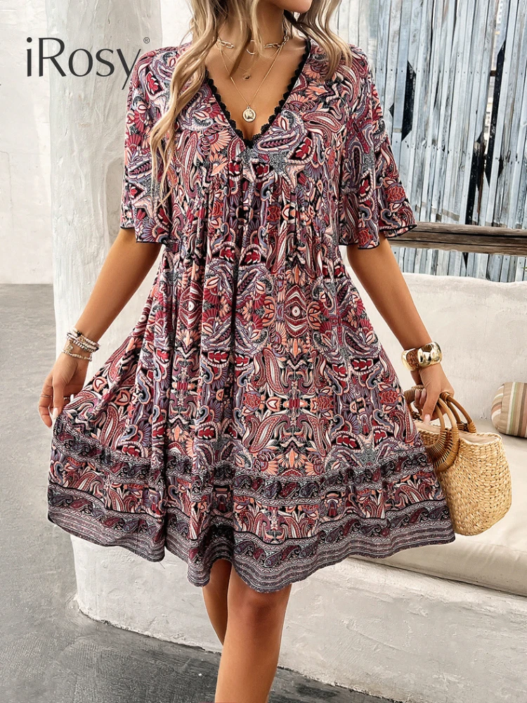 2024 New in Summer Paisley Print Boho Viscose Dress for Women Casual Loose Short Sleeve Deep V Neck Bohemian Vacation Dresses