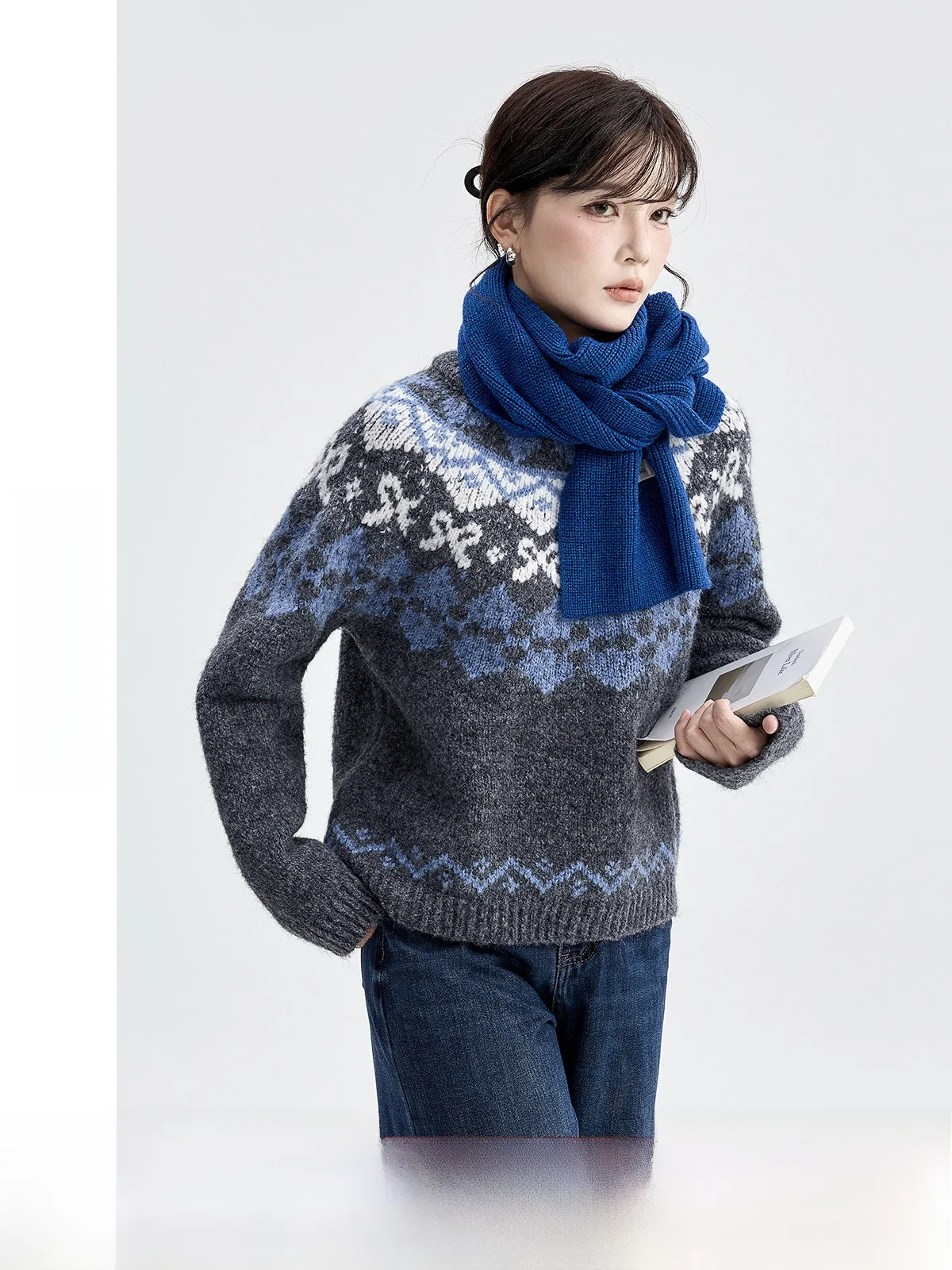 

Guier Retro Fair Isle Knit Sweater Women's Winter Loose round Ne Slimming Knitted Top Commute Sle Long Sve Striped
