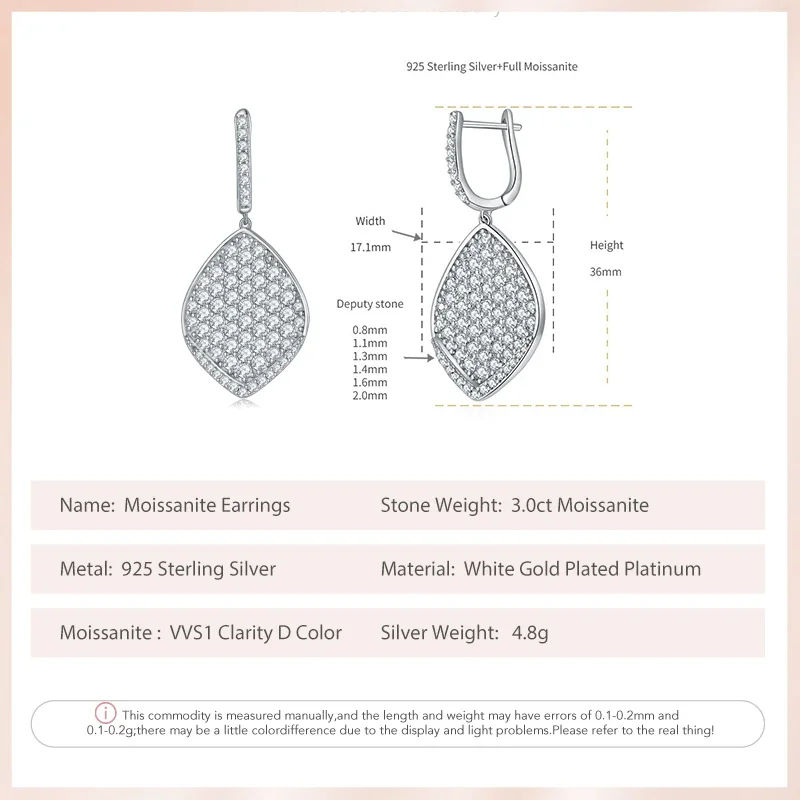 Follow Cloud Total 3.0 Carats Leaves Shape Moissanite Drop Earrings for Women 925 Sterling Sliver Sparkling Wedding Fine Jewelry