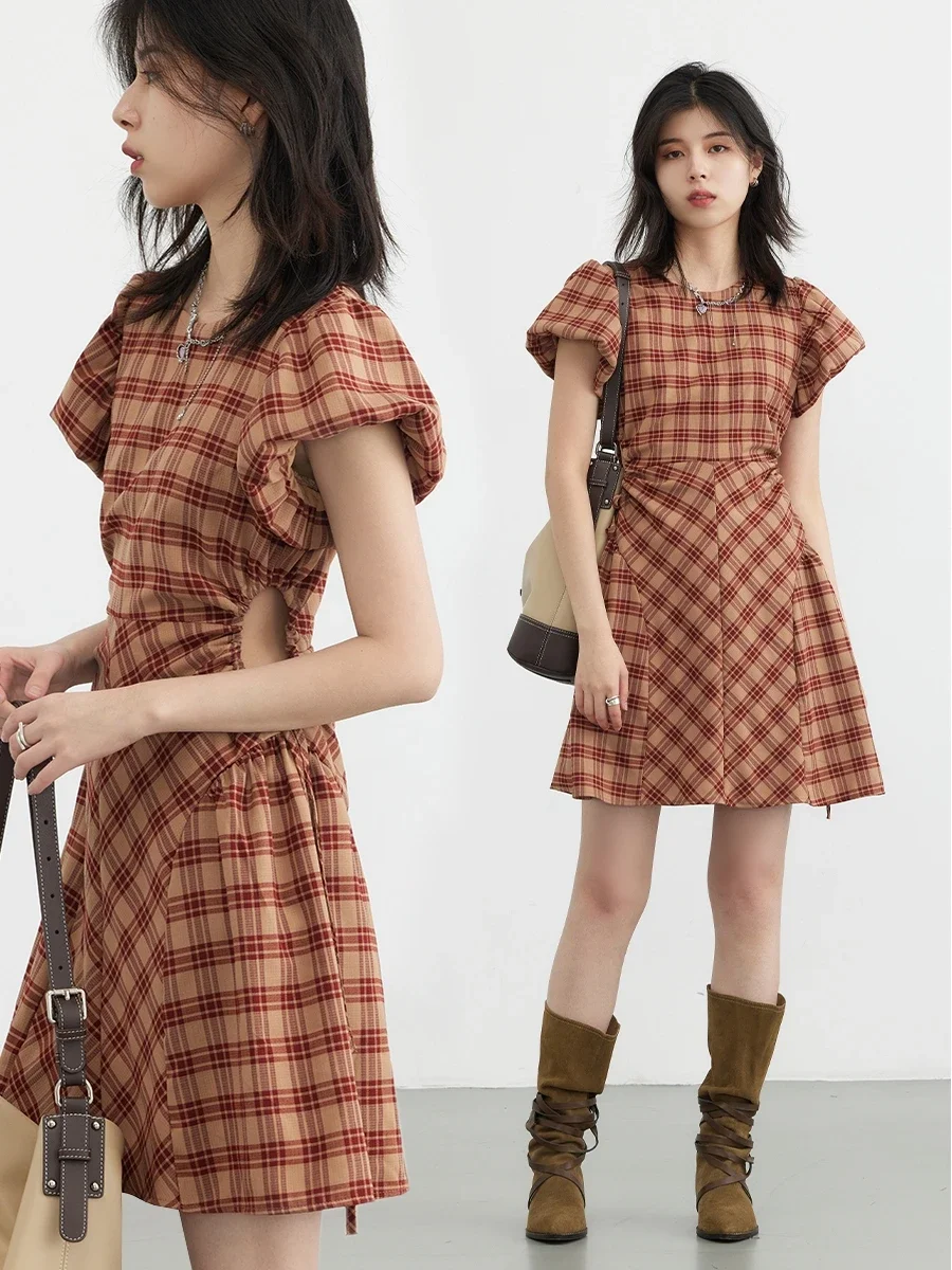 CHIC VEN Korean Style Women Dresses A-line Retro High Waisted Design Plaid Bubble Sleeve Girl Dress Drawstring Woman 2023 Trend