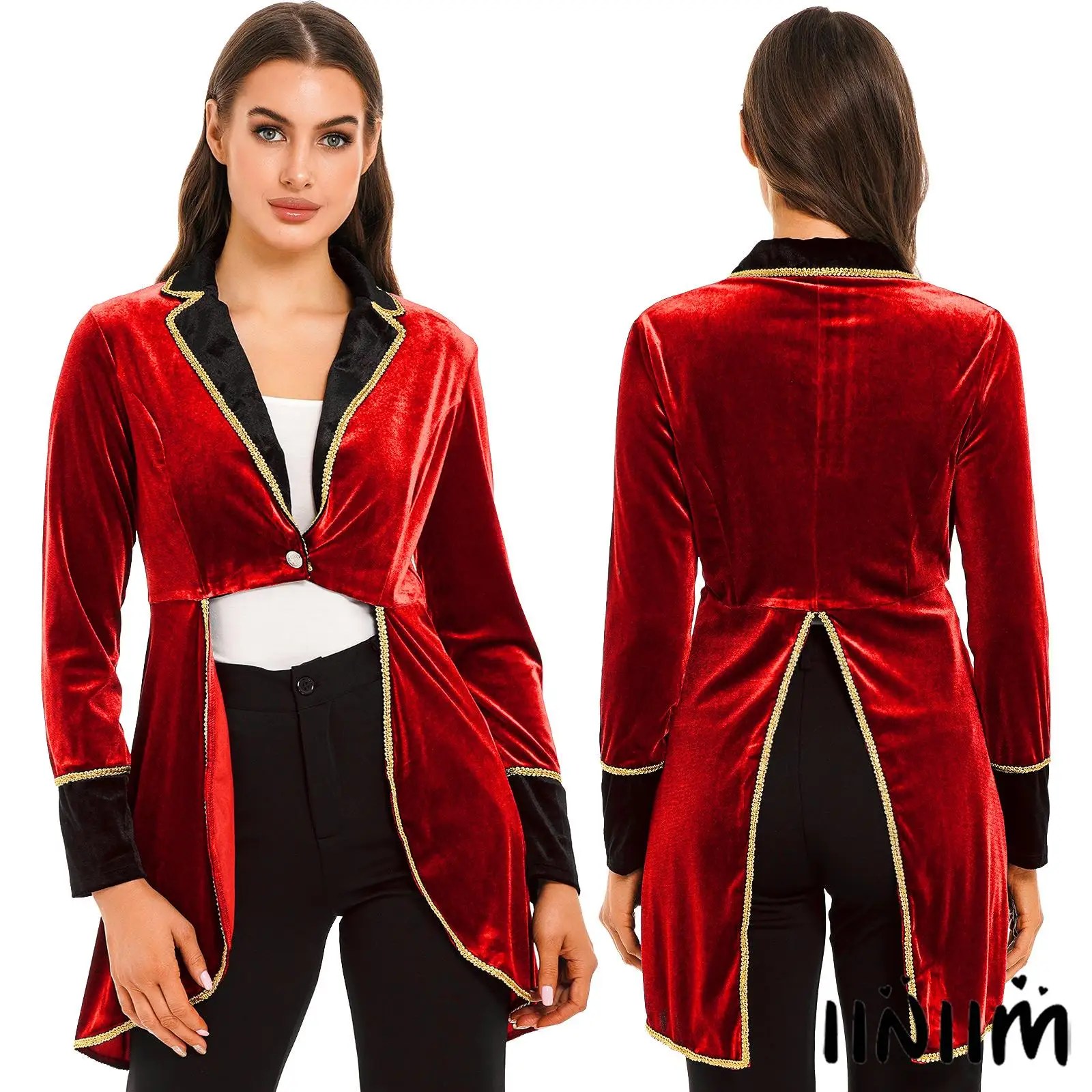 

Women Adult Velvet Victorian Ringmaster Circus Costume Steampunk Tailcoat Swallow-Tailed Coat Blazer Jacket Halloween Costume
