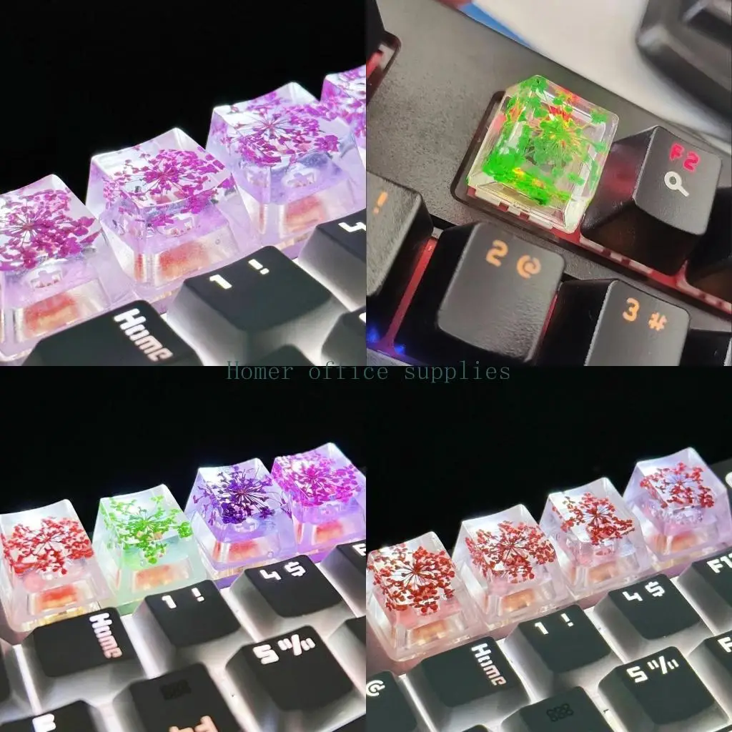 

K43B 4Pcs Epoxy Translucents Leaves Dry Flowers Keycap Paper Crosses Axises Mechanical Keyboards Keycap Accessories