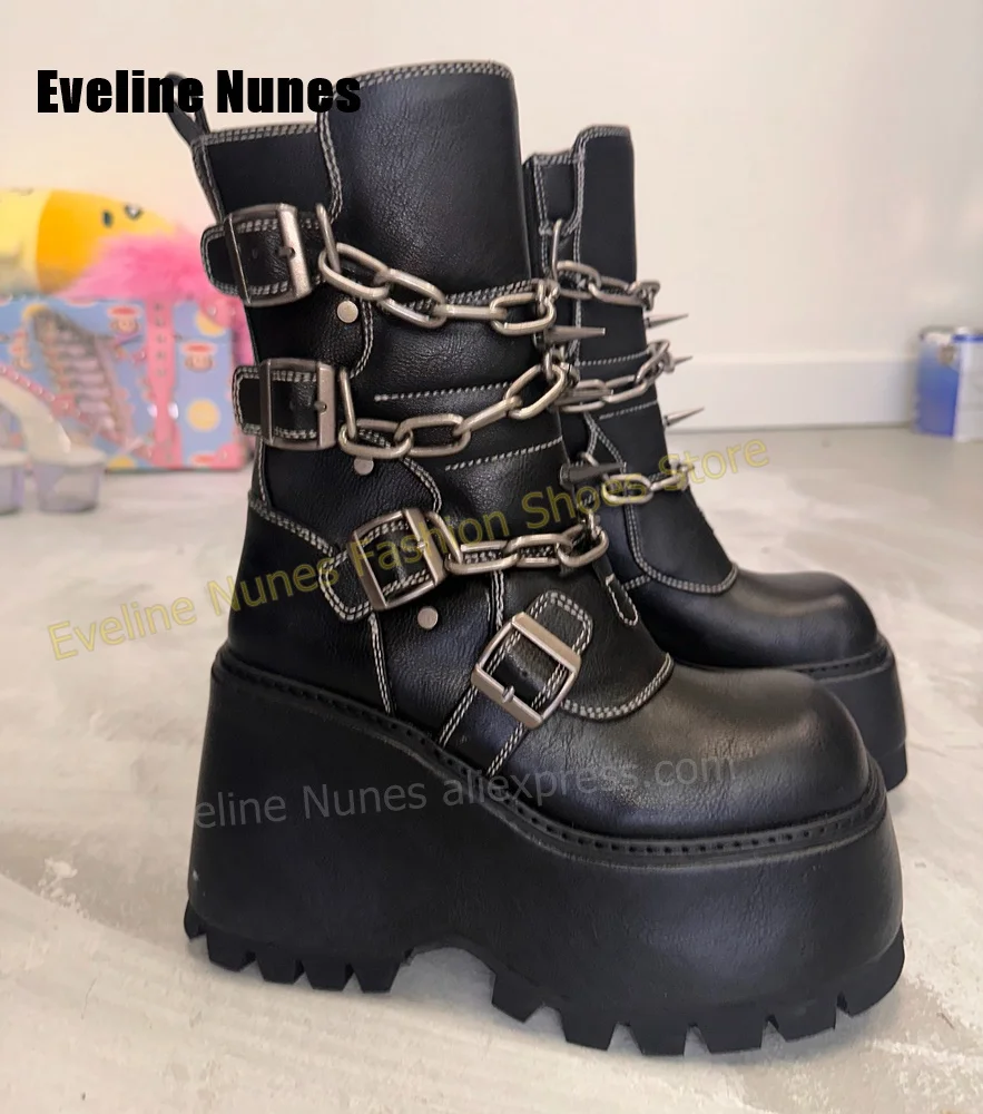 Women Black Platform Wedge Ankle Boots Punk Metal Chain Multi Buckle Decor Gothic Shoes Side Zip Cosplay Clubwear Stage Footwear