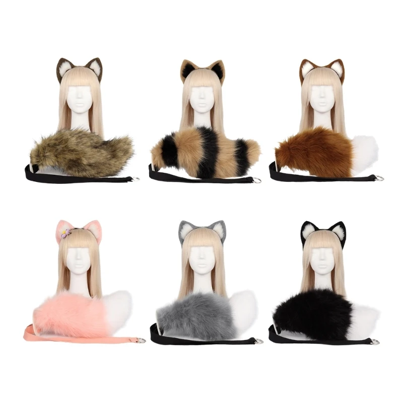 Animal Cosplay Costume Set Faux Furs Cat Foxes Wolf Ears Headband with Plush Furry Faux Furs Tail Women Men Anime Cosplay Props