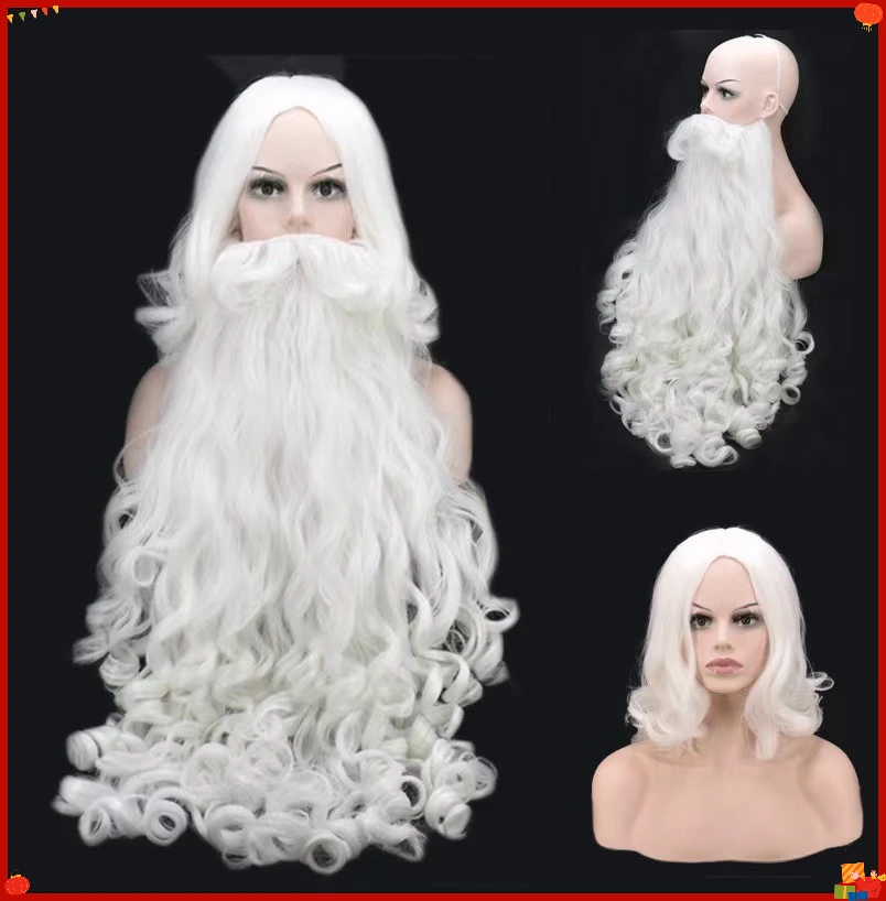 Synthetic Santa Inspired Beard Wig Set White Curly Long Costume Facial Hair Party Cosplay Accessories Wholesale