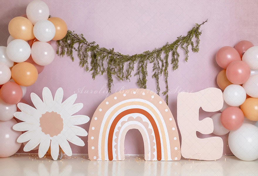 ONE Daisies Rainbow Backdrop Kids Baby Cake Smash Photography Props Bear Barn Door Birthday Party Decor Child Studio Backgrounds