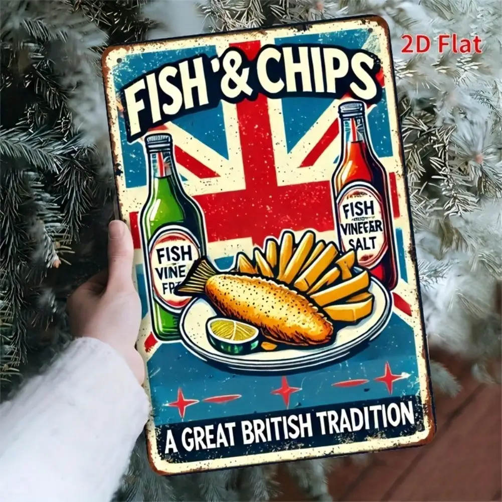 علامة قصدير معدنية عتيقة للأسماك والرقائق البريطانية، لوحة فنية جدارية للمطبخ والمنزل والمقهى وديكور المرآب