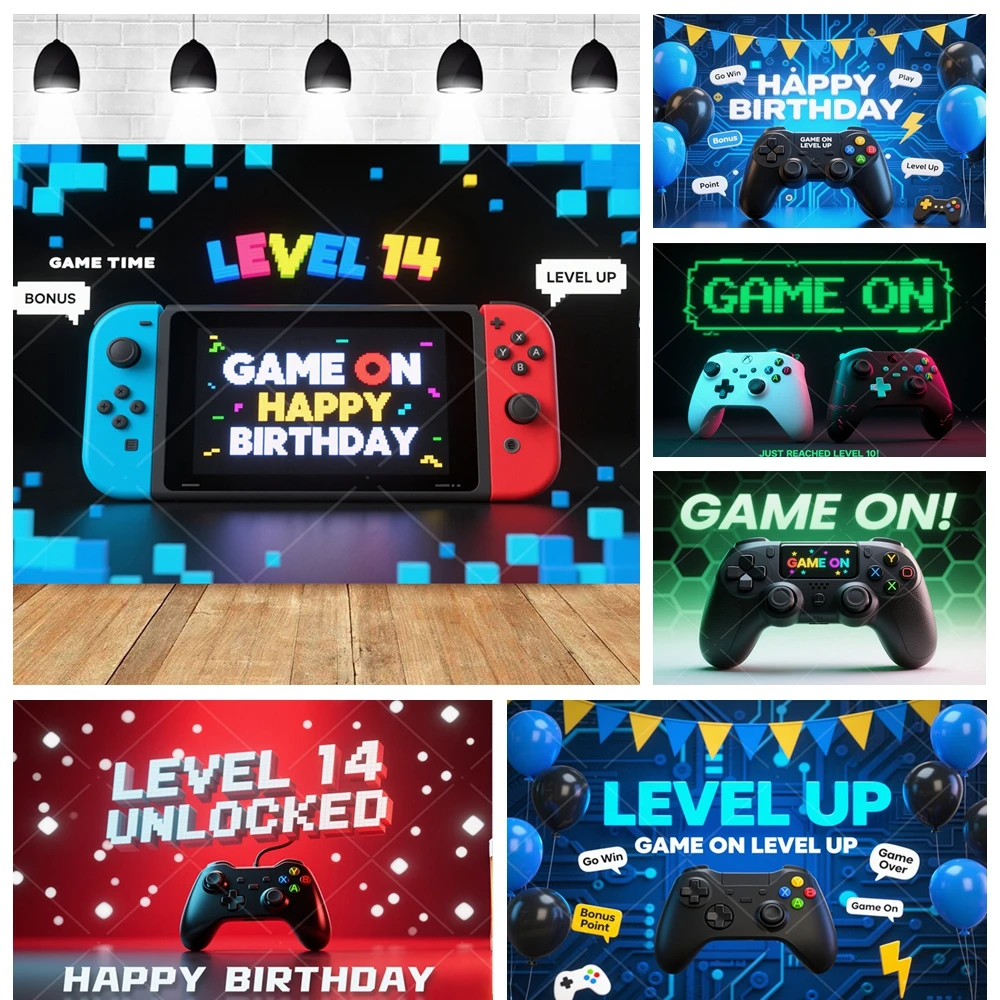 

Gamepad Video Game Birthday Party Backdrop for Boys Teenager Game On Level Up Photography Banner Decor Custom Background