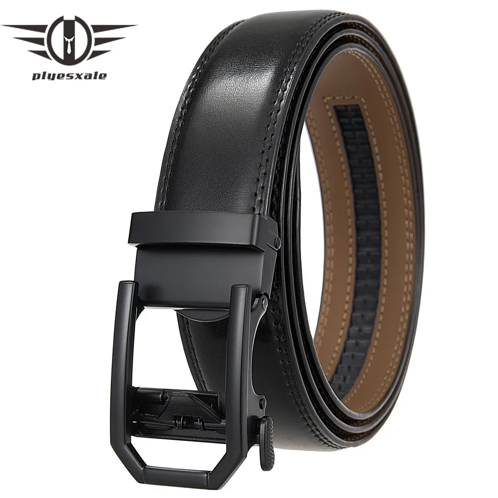 Brand Black White Men's Genuine Leather Ratchet Belt Automatic Buckle High Quality Cowskin Belts Fashion Business Male Strap B25