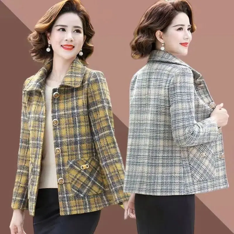 

Весенне-осеннее высококачественное шерстяное пальто-жакет в модную клетку для женщин среднего и старшего возраста больших размеров