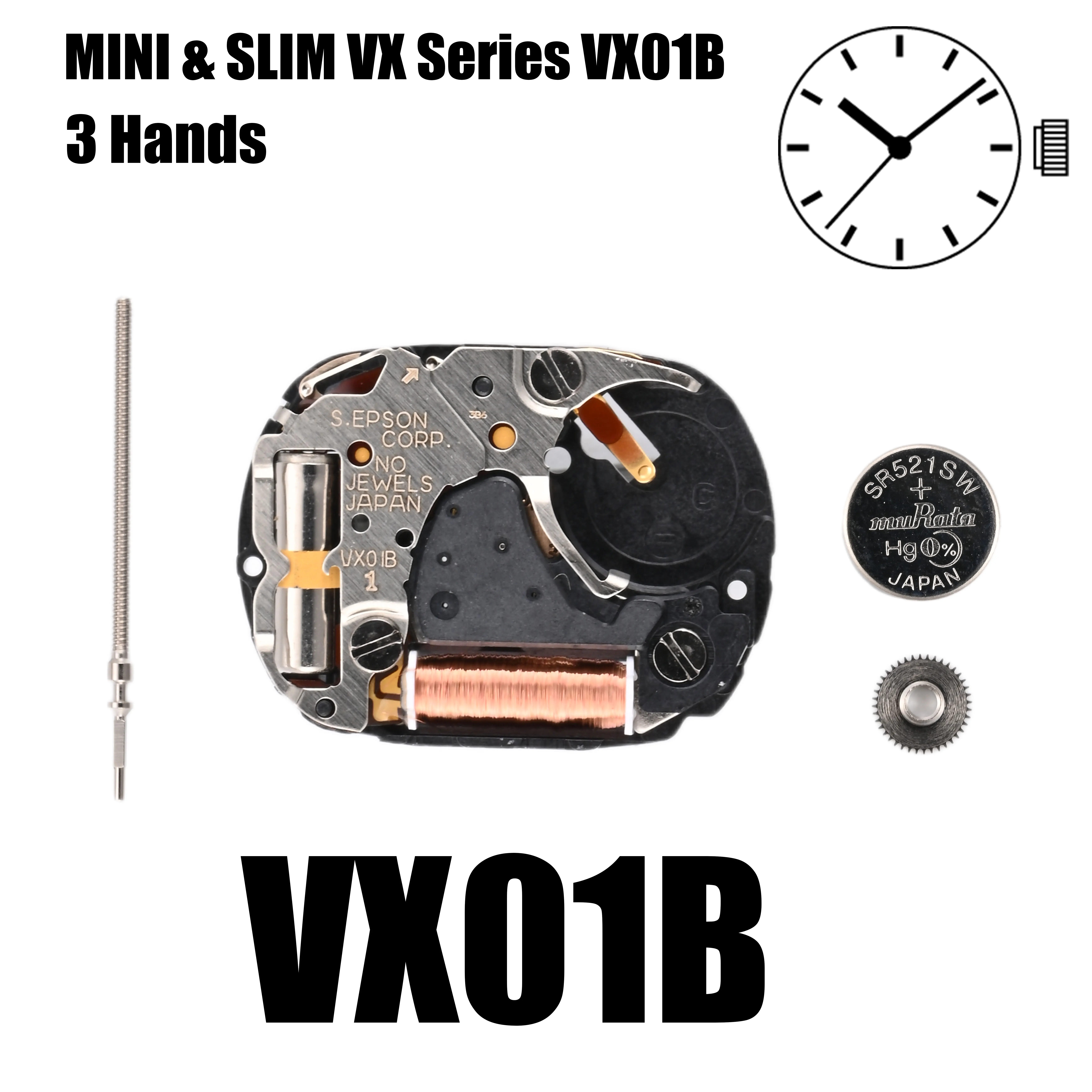 VX01 Movement Epson VX01B Movement Japan Genuine MINI & SLIM Series VX01B Quartz Movement   Size: 4 3/4''' Three Hands